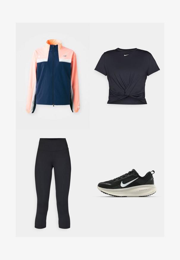 Giacca a windbreaker navy e corallo con colletto alto, zip frontale, striscia orizzontale bianca e polsini elastici. Accenti riflettenti del logo.; Maglietta atletica nera realizzata in tessuto liscio, con un design anteriore annodato e un piccolo logo Nike bianco sul petto.; Leggings cropped neri realizzati in tessuto elasticizzato, con vita alta e texture liscia, senza motivi o componenti visibili.; Scarpa da corsa nera Nike con tomaia in rete traspirante, logo Swoosh bianco, dettagli testurizzati e intersuola ZoomX di colore crema.