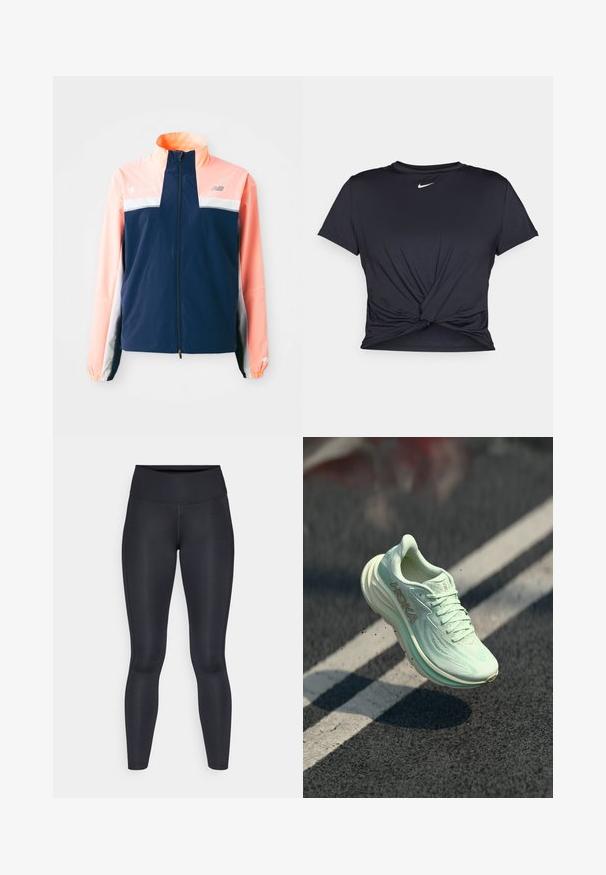 Marinblå och korallfärgad vindjacka med hög krage, framfickor, vit horisontell rand och elastiska ärmslut. Reflekterande logotypdetaljer.; Svart atletisk t-shirt i mjukt tyg, med en knuten framdesign och en liten vit Nike-logga på bröstet.; Svarta leggings gjorda av ett smidigt, elastiskt tyg. Hög midja utan synliga mönster eller detaljer. Sitter tätt från midjan till anklarna.; HOKA löparskor i lätt mintgrön färg, med en strukturerad mesh-överdel, rund tå, dämpad sula och framträdande logotyp på sidan.