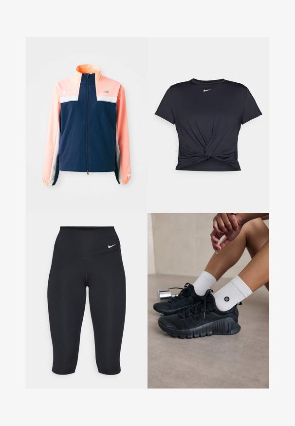 Námornícky a koralový vetrovka s vysokým golierom, predným zipsom, bielym horizontálnym pruhom a elastickými manžetami. Reflexné akcenty s logom.; Čierne atletické tričko vyrobené z hladkej tkaniny, so zaväzovaným predným dizajnom a malým bielym logom Nike na hrudi.; Nike čierne legíny do polovice lýtok majú vysoký pás, hladký elastický materiál a jemný detail loga na prednej strane.; Čierne športové topánky s textúrovanou látkou, šnurovací dizajn a výrazná podrážka, doplnené o biele rebrované ponožky s malým logom.