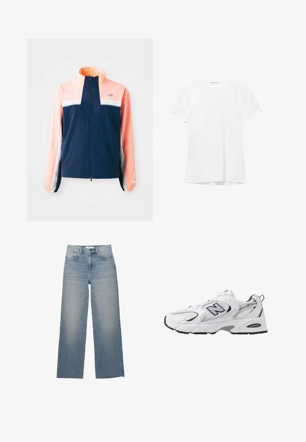 Granatowa i koralowa kurtka przeciwwiatrowa z wysokim kołnierzem, przednim zamkiem błyskawicznym, białym poziomym paskiem i elastycznymi mankietami. Akcenty z logo odblaskowego.; Biały krótki rękaw t-shirt wykonany z gładkiego materiału, z okrągłym dekoltem i subtelnymi detalami szycia na dole.; Jasnoniebieskie jeansy o szerokich nogawkach, wykonane z dżinsu, z wysokim stanem, kieszeniami z przodu i zapięciem na guzik. Gładka tekstura z wyblakłymi miejscami.; Białe sportowe buty z siateczkową cholewką, granatowymi akcentami i wyściełaną podeszwą. Posiadają logo "N", sznurówki oraz teksturowany detal po boku.