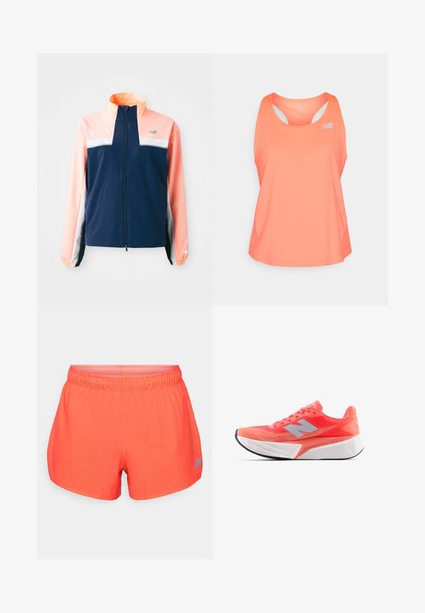 Námořnická a korálová větrovka s vysokým límcem, předním zipem, bílým horizontálním pruhem a elastickými manžetami. Reflexní logo jako akcent.; Růžový sportovní top bez rukávů s kulatým výstřihem, designem na zadní straně typu racerback a ventilačními otvory. Na přední straně se nachází malé reflexní logo.; Pánské běžecké šortky v jasně korálové barvě vyrobené z prodyšné tkaniny s perforovanou strukturou. Mají elastický pas a modrý akcent loga.; Lehká běžecká obuv v jasné korálové barvě s tvořenou síťovinou a stříbrným logem. Výrazná texturovaná bílá mezipodešev a černá gumová podešev.