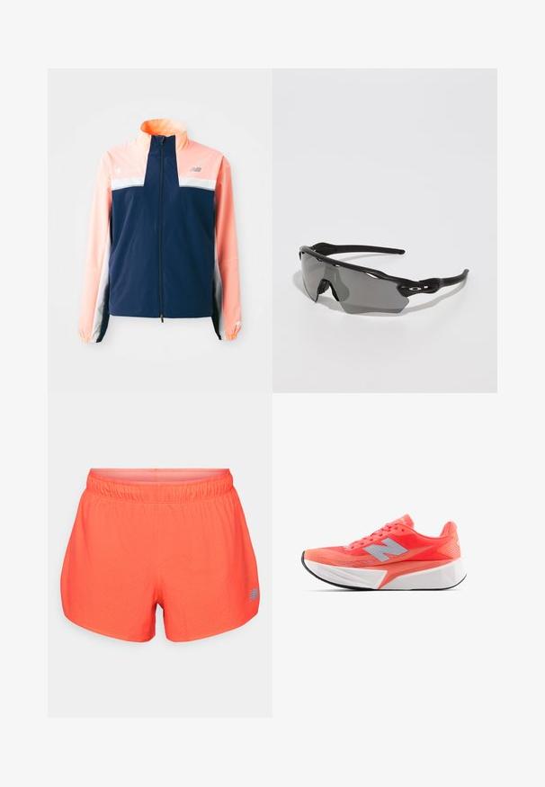 Giacca a windbreaker navy e corallo con colletto alto, zip frontale, striscia orizzontale bianca e polsini elastici. Accenti riflettenti del logo.; Top sportivo rosa con scollatura a barca, design a schiena scoperta e fori di ventilazione. Presenta un piccolo logo riflettente sul davanti.; Pantaloni da corsa da uomo in un vivace corallo, realizzati in tessuto traspirante con texture perforata. Presentano una cintura elastica e un accento blu del logo.; Scarpa da corsa leggera in un vivace corallo con tomaia in rete e logo argentato. Suola intermedia bianca con texture distintiva e suola esterna in gomma nera.; Occhiali da sole sportivi neri con design elegante, lenti avvolgenti, lenti grigie e bracci in plastica nera testurizzati. Nessun logo visibile.