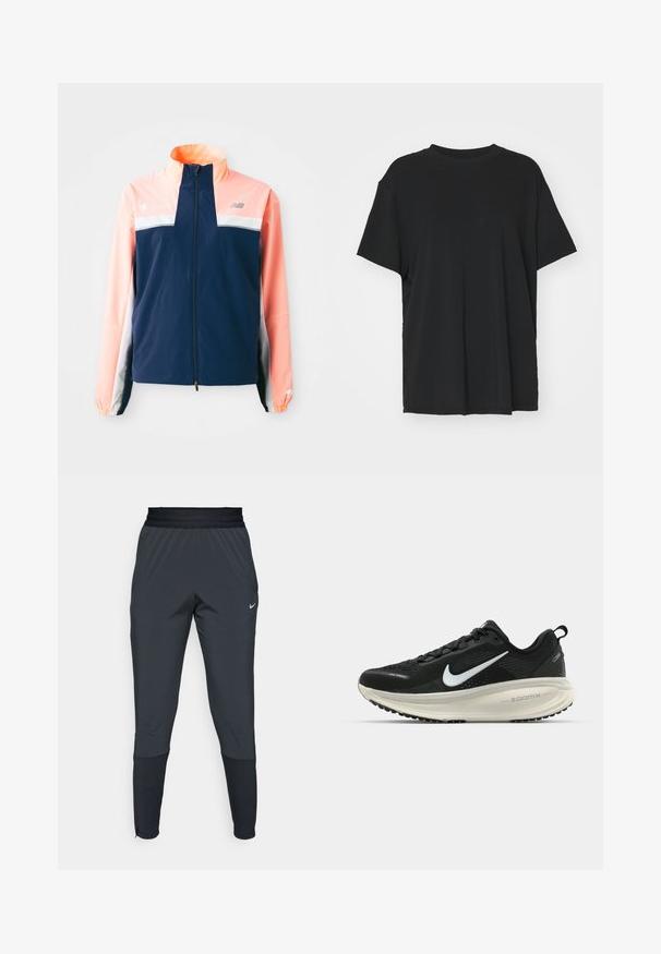 Chaqueta cortavientos en navy y coral con cuello alto, cremallera frontal, franja horizontal blanca y puños elásticos. Detalles con logotipo reflectante.; Camiseta negra de manga corta hecha de tejido suave, con cuello redondo y corte holgado. Presenta aberturas laterales para mayor comodidad y transpirabilidad.; Pantalones deportivos Nike en gris oscuro, con un diseño de pierna tapered, cinturilla elástica y detalles de acento cerca de los puños.; Zapatilla de running Nike negra con parte superior de malla transpirable, logo Swoosh blanco, detalles texturizados y una entresuela ZoomX de color crema.