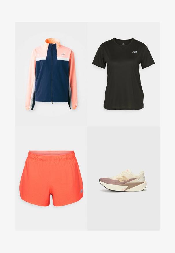 Laivastonsininen ja koralli tuulitakki, jossa on korkea kaulus, etuvetoketju, valkoinen vaakaraita ja joustavat hihansuut. Heijastavat logo-akkentsit.; Mustat lyhythihaiset T-paidat, jotka on valmistettu sileästä kankaasta, jossa on pyöreä kaula-aukko ja heijastava valkoinen logo vasemmassa rinnassa.; Urbaanit juoksushortsit kirkkaassa korallinvärissä, valmistettu hengittävästä kankaasta, jossa on rei'itetty rakenne. Varustettu joustavalla vyötärönauhalla ja sinisellä logolla.; Juoksukengät, joissa on kerma vaaleat päälliset, vaaleanpunaiset korostukset ja harmaat yksityiskohdat. Varusteena paksu pohja, jossa on teksturoitu pinta ja erottuva logo.