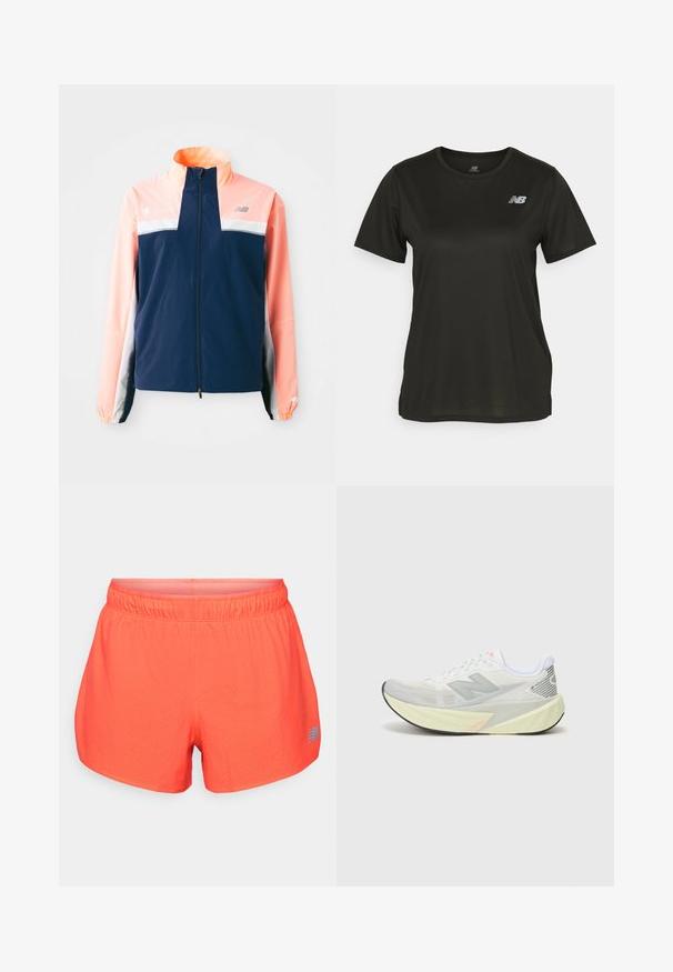 Tumesinine ja korallivärvi tuulekindel jakk kõrge kraega, ees tõmblukuga, valge horisontaalne triip ja elastsed varrukaotsad. Peegeldavad logo aktsendid.; Must äravalge lühikeste varrukatega T-särk, mis on valmistatud siledast kangast, ümarate kaelustega ja vasakus rinnas peegelduv valge logo.; Meeste jooksuteks mõeldud lühikesed püksid erksas korallitoonis, valmistatud hingavast kangast, millel on perforatsioonidega tekstuur. Omavad elastset vöökohta ja sinist logo aktsenti.; Kerge jooksujalats halli ja valge võrkmaterjalist pealsega, silmapaistva 'N' logoga ja kollase keskmise tallaga, millel on kaldu aktsenti. Must välistald.