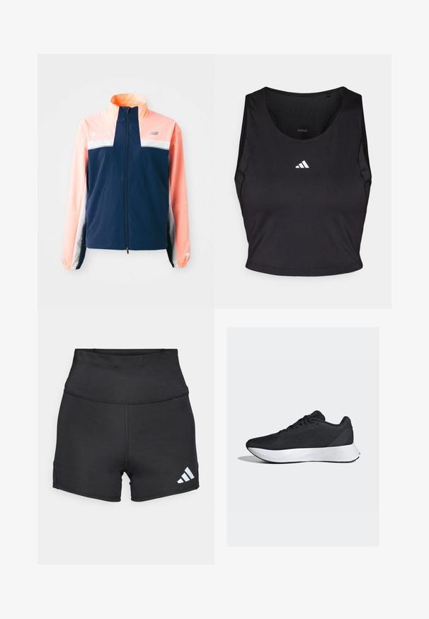 Navy and coral windbreaker jacket with a high collar, front zipper, white horizontal stripe, and elastic cuffs. Reflective logo accents.; Black sports crop top made from moisture-wicking fabric, featuring a round neck, sleeveless design, and white logo on the chest.; adidas Performance Leggings - black; Black athletic shoes with a breathable mesh upper, white midsole, and sleek, curved design; features laces and a sturdy rubber outsole.