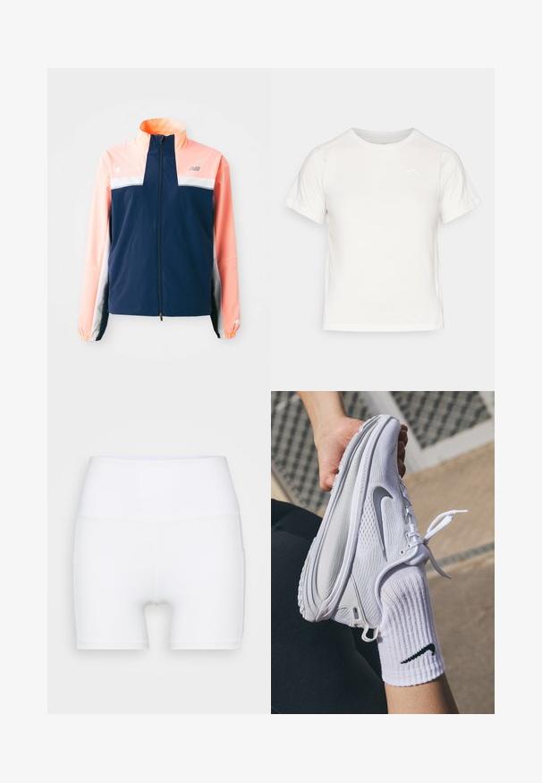 Marineblå og korallfarget vindjakke med høy krage, frontglidelås, hvit horisontal stripe og elastiske mansjetter. Reflekterende logo-detaljer.; Lett, hvit T-skjorte med korte ermer, rund hals, og en liten logo i øvre venstre hjørne. Glatt stoff med en subtil glans.; Hvite høyt midjeforfatne shorts laget av stretch-stoff. Har en jevn tekstur og en tettsittende design, uten ekstra mønstre eller utstyr.; Hvit atletisk sko med teksturert design og grå Nike-logo, holdt over en hvit sokk. Skoen har en fleksibel såle og snøring.