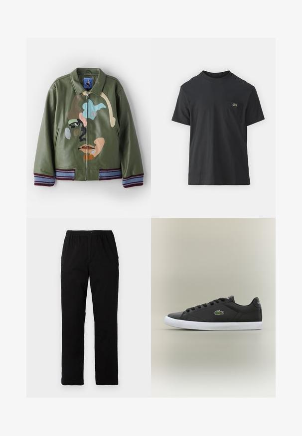 Jaqueta bomber em pele verde com um design colorido de rosto, fecho frontal, dois bolsos laterais e punhos e bainha em malha listrada.; Camiseta de algodão preta com mangas curtas, decote redondo e um pequeno logo verde no bolso do peito esquerdo. Design simples, corte regular.; Calças pretas feitas de um tecido de algodão misto, com corte reto, cintura elástica com botão e sem padrões ou detalhes visíveis.; Tênis de couro preto com sola de borracha branca, apresentando um logotipo de crocodilo verde e cadarços redondos, design elegante com textura suave.