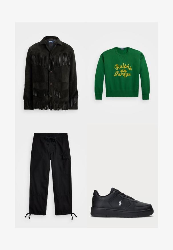 Černá semišová bunda s koženými třásněmi podél hrudi a rukávů, se dvěma předními kapsami a knoflíkovým zapínáním.; Zelená mikina s kulatým výstřihem, s žlutě vyšitým textem "Ralph's Garage" a detaily šachovnicové vlajky. Materiál z bavlny a syntetiky.; Černé cargo kalhoty s elastickým pasem a šňůrkou. Obsahují boční kapsy a nastavitelné manžety s přezkami. Vyrobené z lehkého materiálu.; Černé kožené tenisky s perforovaným designem, plochým šněrováním a bílým vyšitým logem na boku. Tlustá černá gumová podrážka.