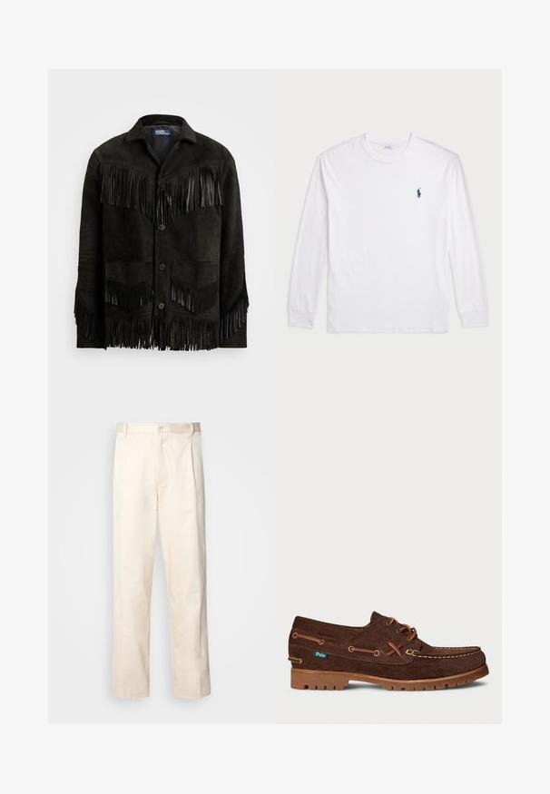 Crna nubuk jakna s kožnim resicama duž prsnog dijela i rukava, s dva prednja džepa i kopčanjem na dugme.; Bijela majica dugih rukava od pamuka. Ima okrugli izrez, rebraste manšete i mali logo u mornarskoplavoj boji na lijevoj strani grudi.; Bežaste pamučne hlače ravnog kroja s kopčanjem na dugme i plisiranjima sprijeda za dodatni detalj.; Smeđi nubuk kožni brodski cipela s bež vezicama, kontrastnim šavovima, gumeni potplat i mala zelena oznaka Polo brenda sa strane.