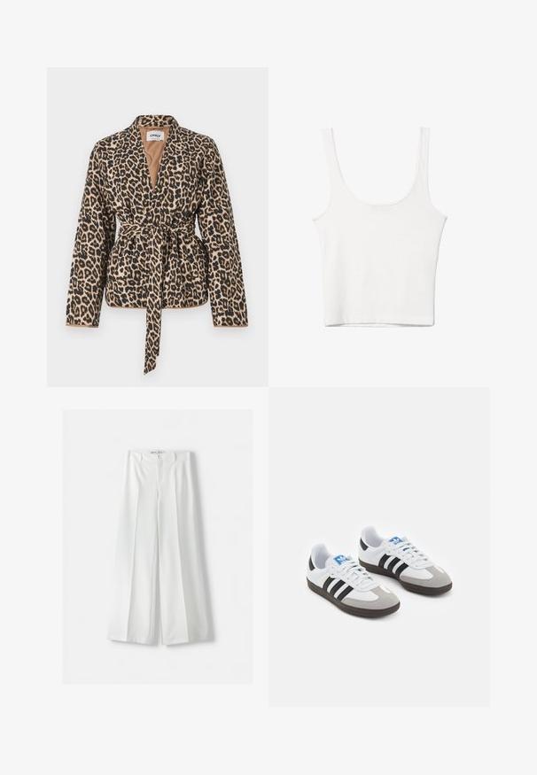 Sako s leopardím vzorom vyrobené z mäkkej látky, so šatovými rukávmi, pásom v páse a hlbokým V-výstrihom.; Biely bavlnený top bez rukávov s okrúhlym výstrihom a priliehavým strihom. Hladká textúra, jednoduchý dizajn a minimálne švy.; Bershka WIDE-LEG TAILORED - Nohavice - white; Športové topánky s bielym koženým zvrškom, šedou semišovou špičkou a tromi čiernymi pruhmi. Obsahujú modré logo na jazyku a štruktúrovanú gumovú podrážku.