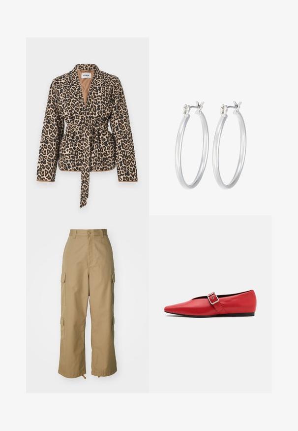 Jakna z vzorcem leoparda je izdelana iz mehkega materiala, ima dolge rokave, pas na pasu in globok V-izrez.; Dve bele bombažne majice s kratkimi rokavi, okroglimi izrezi in prilegajočo silhueto, ki prikazujejo gladko teksturo in minimalističen dizajn.; Bežne cargo hlače z visokim pasom, širokimi nogami in štirimi velikimi stranskimi žepi. Narejene so iz trpežnega materiala z gladko teksturo in minimalnimi detajli.; Rdeče usnjene balerinke s koničastim nosom, z bočnim trakom z kovinsko sponko in nizko črno peto. Gladka tekstura po celotni površini.; Srebrni obroči za ušesa z gladko, polirano površino. Okrogla oblika in varna zaponka s klikom. Lahka zasnova, primerna za vsakodnevno nošenje.