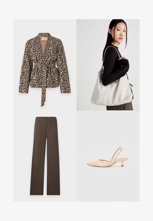 Casaco envolvente com padrão de leopardo, feito de tecido suave, com mangas longas, um cinto na cintura e um decote em V profundo.; Top branco sem mangas com decote redondo. Feito de um tecido liso, apresenta um corte descontraído e um design minimalista. Sem padrões ou detalhes.; Calças de perna larga feitas de tecido texturizado marrom com um cós elástico, apresentando um design de corte reto e superfície suave.; Saltos slingback em couro sintético bege com bico apontado e um salto quadrado fino. Textura suave e design minimalista sem embellishments.; Uma bolsa bege feita de material macio, com um design descontraído, detalhes de costura e duas alças para o ombro. Adequada para uso diário.