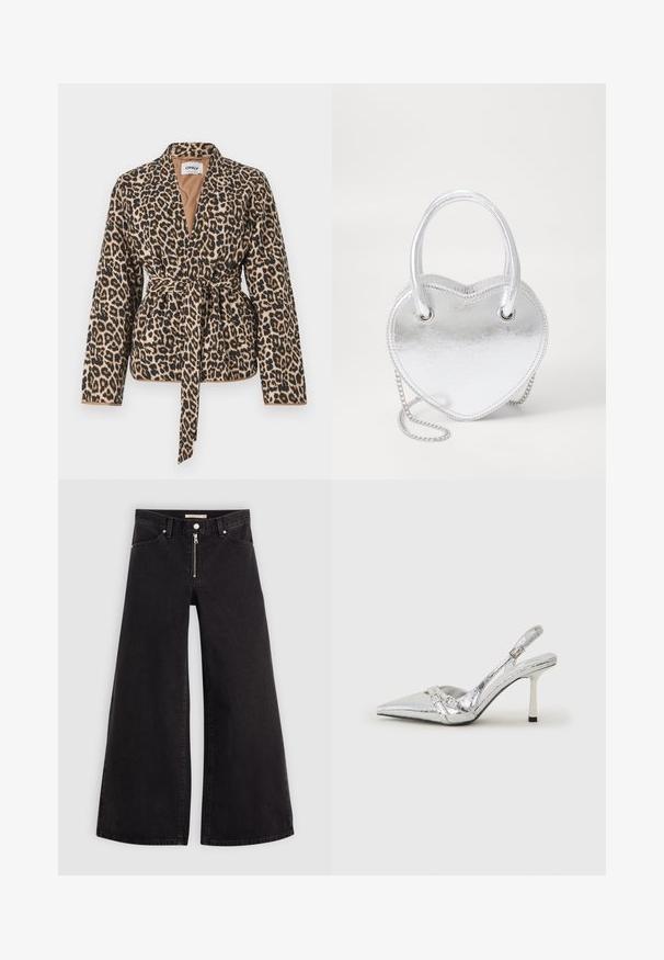 Giacca avvolgente a stampa leopardata realizzata in tessuto morbido, con maniche lunghe, una cintura in vita e un profondo scollo a V.; T-shirt beige in cotone morbido, con scollatura rotonda, maniche corte e una vestibilità rilassata con orlo dritto.; Jeans a gamba larga in denim nero con chiusura a zip, design a cinque tasche e dettagli di cucitura sottili. Texture morbida e stile casual.; Scarpe con tacco alto slingback argento con punta affusolata, finitura metallica, due cinturini decorativi e un tacco sottile con punta nera.; Borsa a forma di cuore in metallo argento con doppi manici, tracolla a catena e texture liscia. Presenta finiture in metallo e bordi cuciti.