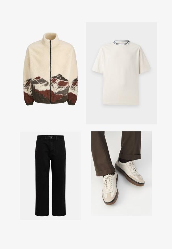 Fleece-takki vaaleassa sävyssä, jossa on korkea kaulus ja täysi vetskari. Helmanat ovat vuoristomaisemakuvioita ruskeassa, harmaassa ja punaisessa.; Kermanvärinen puuvillapaita lyhyillä hihoilla, jossa on pyöreä pääntie, jota korostavat laivastonsininen ja valkoinen raita. Sileä rakenne, rento istuvuus.; Musta denimpanssarit suoran lahkeen leikkauksella, klassinen viiden taskun suunnittelu ja nappisuljenta vyötäröllä. Sileä tekstuuri ja kestävä kangas.; Beige tennarit, joissa on teksturoidut mokkasiinimaiset etuosat, sileät nahkasaumat ja ruskea kumipohja. Narut ja vaaleat ompelutiedot mukana.