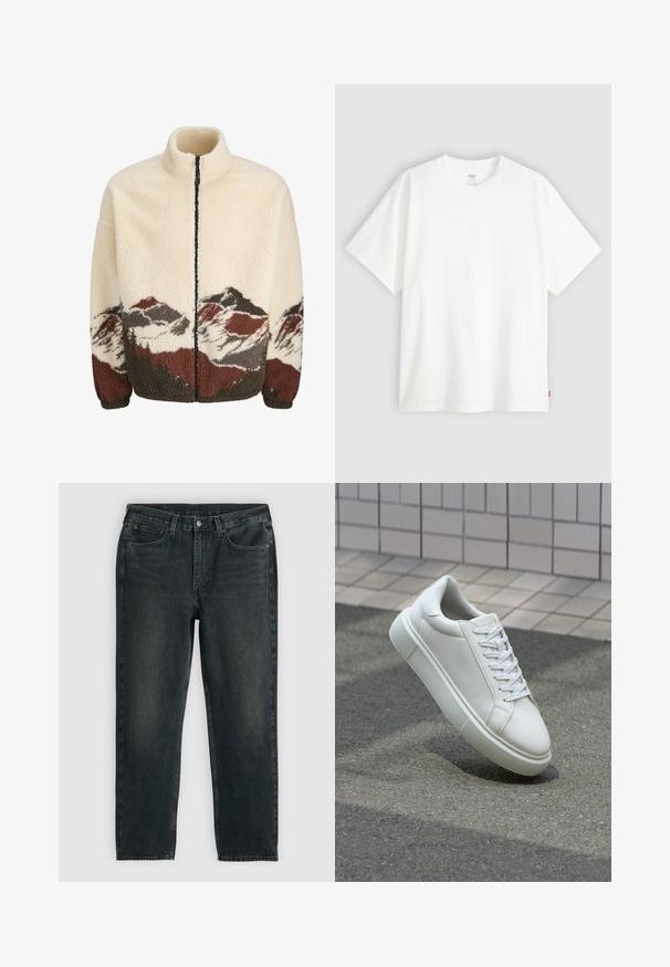 Veste en polaire crème avec un col montant et une fermeture éclair complète. Présente un motif de paysage montagneux en marron, gris et rouge au bas.; T-shirt blanc à manches courtes en coton avec col rond. Présente un détail de logo en relief discret à l'avant et une étiquette rouge à l'ourlet.; Jean en denim bleu foncé à coupe droite, avec cinq poches, une fermeture éclair et des coutures contrastées. Légère décoloration sur le tissu.; Baskets en cuir blanc avec une surface lisse, bout rond et lacets plats blancs. Présentent une semelle en caoutchouc texturée et des éléments de design minimalistes.