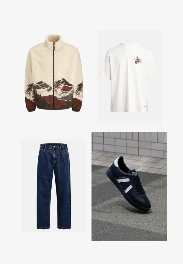 Fleec jakna u krem boji s visokim ovratnikom i punim zatvaračem. Ima uzorak planinskog pejzaža u smešnim, sivoj i crvenoj boji na rubu.; Kremasta pamukasta majica s kratkim rukavima i okruglim izrezom. Ima grafički ispis u plavoj i crvenoj boji s tekstom i motivom.; Tamno plave traperice s ravnim krojem. Imaju vidljivo šivanje, kopčanje na dugme i prednje nabore za dodatne detalje.; Crne kožne tenisice s bijelim prugama, strukturirana gumena potplate i vezanjem sprijeda. Ima oznaku brenda na jeziku.