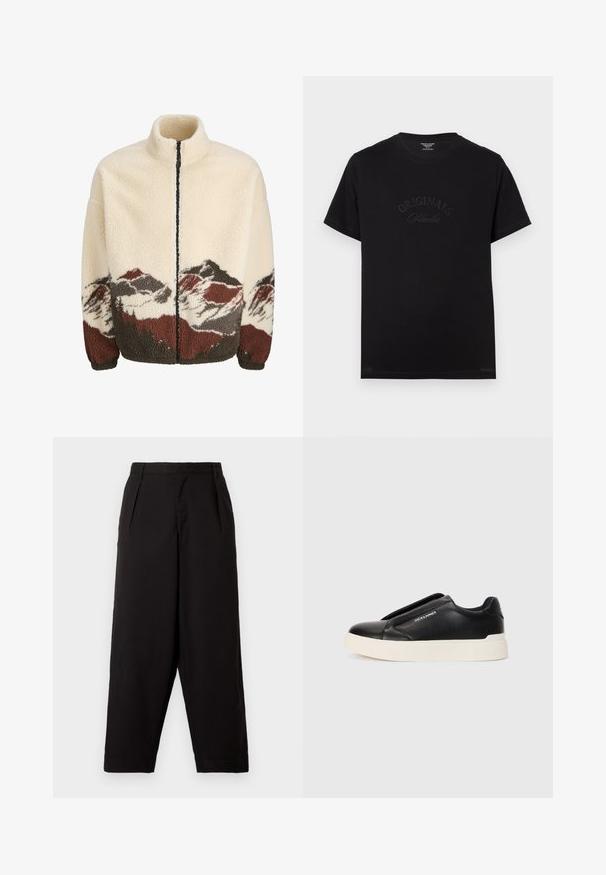 Veste en polaire crème avec un col montant et une fermeture éclair complète. Présente un motif de paysage montagneux en marron, gris et rouge au bas.; T-shirt en coton noir à manches courtes et col rond. Présente "ORIGINALS Studio" embossé en lettres tonales sur le devant.; Pantalons larges noirs en tissu lisse. Dotés de plis à la taille et d'une coupe décontractée, se terminant au-dessus de la cheville. Pas de matériel visible.; Baskets noires à enfiler avec un dessus en cuir texturé, semelle en caoutchouc blanche et sans lacets visibles. Présente le logo de la marque sur le côté.