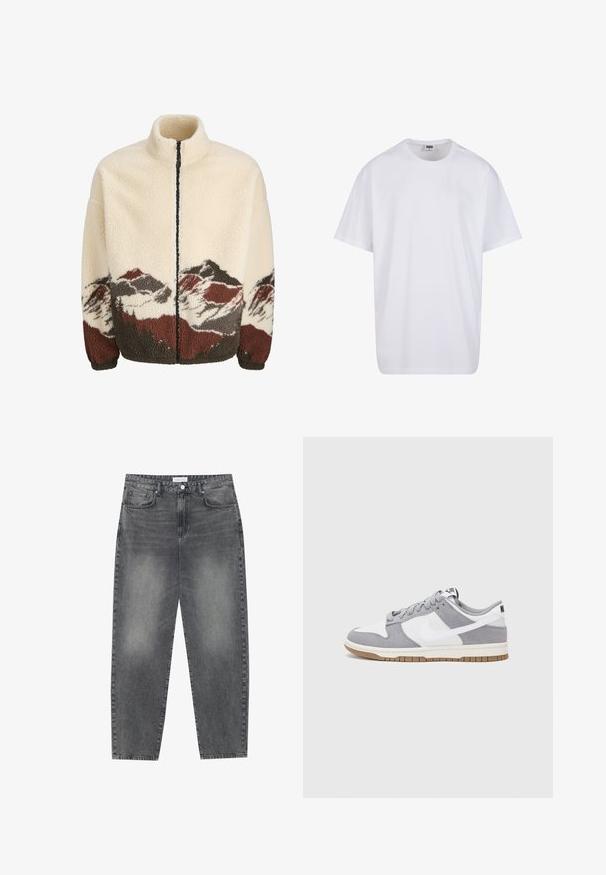 Jachetă din fleece de culoare crem cu guler înalt și fermoar întreg. Prezintă un model de peisaj montan în nuanțe de maron, gri și roșu la tiv.; Tricou alb din bumbac cu mâneci scurte, decolteu rotund, croială lejeră și fără logo-uri sau modele vizibile. Textură netedă și design minimalist.; Jeans cu talie înaltă, lejere, din denim negru estompat. Caracteristici: cinci buzunare, bucle pentru curea și un design curat cu picior drept.; Sneaker gri și alb, cu un superior din suede și piele, vârf rotund, șireturi plate și o talpă din cauciuc ce prezintă un accent de culoare gum.