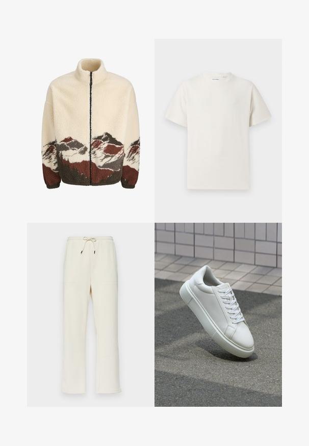 Fleece-takki vaaleassa sävyssä, jossa on korkea kaulus ja täysi vetskari. Helmanat ovat vuoristomaisemakuvioita ruskeassa, harmaassa ja punaisessa.; Valkoinen lyhythihainen T-paita ribbikuviossa. Pyöreä kaula-aukko, rento istuvuus, ei näkyviä kuvioita tai yksityiskohtia. Yksinkertainen ja monikäyttöinen muotoilu.; Valkoiset ribbihousut, joissa on naru vyötäröllä, kahdella sivutaskulla ja suora lahkeiden muotoilu.; Valkoinen nahkainen lenkkari, jossa on sileä pinta, pyöreä kärki ja tasaiset valkoiset nauhat. Varustettu teksturoidulla kumi-pohjalla ja vähäisillä muotoiluelementeillä.