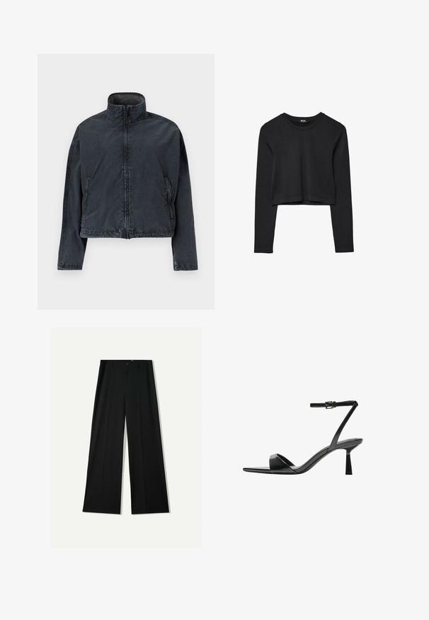 Černá zkrácená bunda vyrobená z měkkého, hladkého materiálu, s vysokým límcem, předním zipem a bočními kapsami s jemnými detailem švů.; Černý dlouhý rukáv cropped top s kulatým výstřihem, jednoduchý design a mírně zaoblený lem.; Bershka WIDE - Kalhoty - black; Bershka Sandály na vysokém podpatku - black