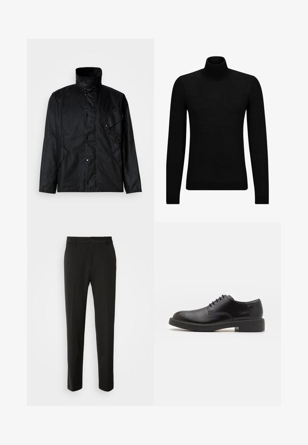 Black jacket with a high collar, snap buttons, and a side pocket; features a smooth, matte fabric with minimal stitching details.; Black turtleneck sweater made of soft material, featuring long sleeves and a snug fit. Ribbed trim at the hem and cuffs. Simple design.; Black trousers made of smooth fabric, featuring straight legs, a button closure, and a classic design suitable for formal or casual wear.; Black leather lace-up shoe with a rounded toe, smooth texture, minimal stitching, and a low rubber heel. Logo on the heel.