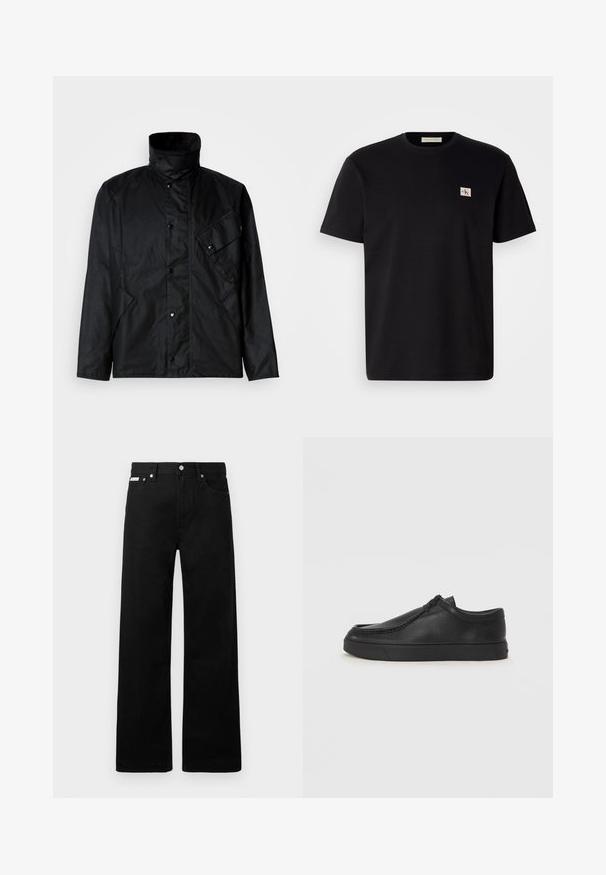 Black jacket with a high collar, snap buttons, and a side pocket; features a smooth, matte fabric with minimal stitching details.; Black cotton t-shirt with short sleeves, crew neck, and a small embroidered logo on the left chest. Smooth texture, regular fit.; Black denim pants with a wide-leg design, featuring five pockets and metallic button hardware. Smooth texture, no visible patterns.; Black leather slip-on shoe with a rounded toe, stitched detailing, and black rubber sole. Smooth texture with minimalistic design.