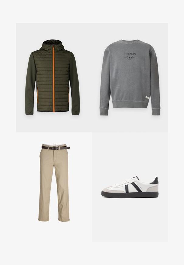 Zgornja jakna z oblazinjenjem v temno zeleni barvi z oranžno zadrgo. Ima kapuco in gladke rokave. Horizontalni šivi na prednjem panele za teksturo.; Siva dolga majica s kratkimi rokavi crewneck z natisnjenim besedilom "SURPLUS DNM" v črni barvi na prsih in majhno belo oznako blizu roba.; Bežna bombažna hlače s ravnim krojem, z zankami za pas, rjavim usnjenim pasom in klasičnim dizajnom. Gladka, trdna tekstura.; Bela športna obutev z črnimi in sivo akcenti, z teksturirano sivo kapico za prste, črnim gumijastim podplatom in ravnimi belimi vezalkami. Čista zasnova, minimalistični slog.