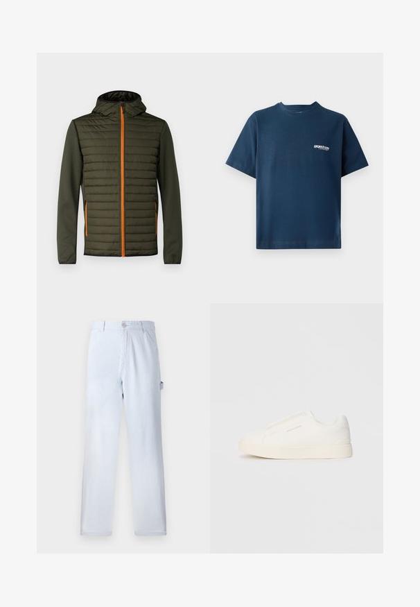 Zgornja jakna z oblazinjenjem v temno zeleni barvi z oranžno zadrgo. Ima kapuco in gladke rokave. Horizontalni šivi na prednjem panele za teksturo.; Temno modra bombažna majica s kratkimi rokavi in okroglim izrezom. Ima majhen beli logotip na levi strani prsnega predela. Mehek material.; Svetlo modri prugasti hlače iz bombaža. Oblika naravnost nogavic, z sprednjo zaponko in stranskimi žepi. Mehka tekstura.; Bele zapete brez vezalk z teksturirano površino, debelim podplatom in minimalističnim dizajnom. Na strani se nahaja logotip blagovne znamke.