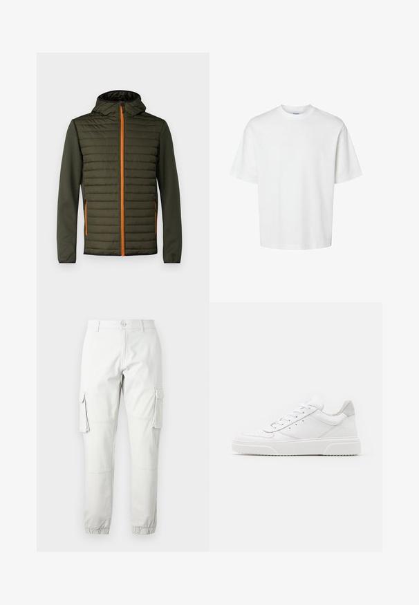Polstret jakke i mørkegrønn med oransjefarget glidelås. Har hette og glatte ermer. Horisontal søm på brystpanelet for tekstur.; Hvit bomull t-skjorte med korte ermer, rund hals og avslappet passform. Glatt tekstur uten synlige mønstre eller detaljer.; Lys grå cargo bukser med sidelommer, elastiske ankelmanchetter og knaplukning. Laget av holdbart stoff med en glatt tekstur.; Hvite skinnsko med en glat overflate, rund tå, flate lisser og teksturert såle. Grå semsket innfelt ved hælen.