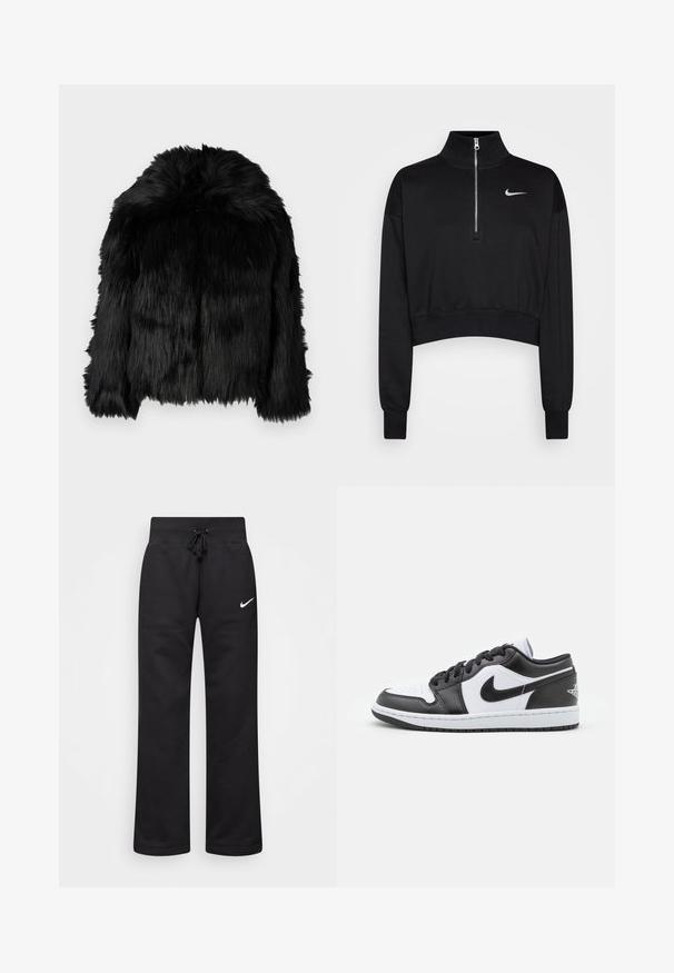 Mustmustest alates mustast kunstkarvast kaelusega jakilt, millel on ebaühtlane pikkus. Jakil on üle kogu pinna pikk, sundides tekstuuri ja nähtavaid kinniti puuduvad.; Must mustraga tuunik, millel on kõrge kaelus, pool-kratiga lukuga sulgemine, soonikkoes varrukad ning väike valge Nike logo vasakul rinnal. Pehme kangatunne.; Mustad puuvillasegistusega mustad dressipüksid, millel on paelaga vöökoht, sirged jalad ja vasakul küljel valge Nike logo.; Mustvalged mustade ja valgete Nike madala profiiliga teniseketsid, millel on sile nahast ülemine osa, ümar varvas, paeltega kinnitamine ja mustriline kummist välistald.