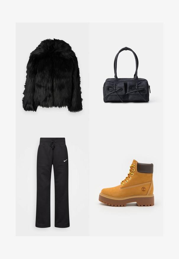Giacca nera in pelliccia sintetica con colletto arrotondato e lunghezza irregolare. Presenta una lunga texture shaggy in tutta la giacca e nessun sistema di chiusura visibile.; Felpa con cappuccio nera realizzata in tessuto morbido, con testo e motivi stampati bianchi, e dettagli a contrasto sulle maniche.; Pantaloni sportivi neri realizzati in misto cotone, con vita elasticizzata regolabile, gambe dritte e logo bianco Nike sul lato sinistro.; Stivale alla caviglia impermeabile color beige con suola in gomma robusta, punta rotonda, colletto in pelle marrone, lacci gialli e un logo sul lato.; Borsa in tessuto nero con due tasche frontali decorate con fiocchi, doppi manici e chiusura zip. Texture morbida e forma rettangolare.