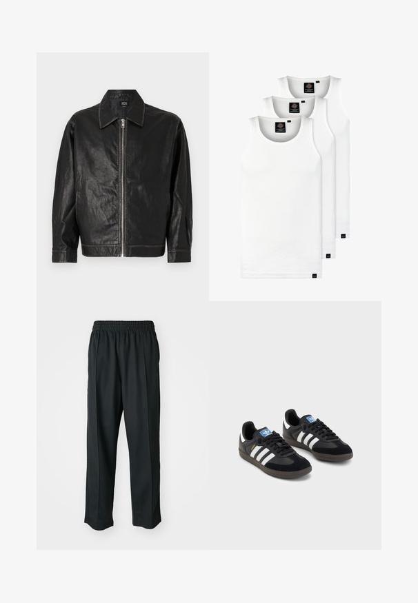 Juodas odinis švarkas su priekiniais užtrauktukais, smailiu apykakliu ir šoniniais kišenėmis. Turi lygaus paviršiaus tekstūrą ir minimalistinį dizainą.; Trys balti, dryžuoti marškiniai be rankovių, pagaminti iš medvilnės. Yra apvalus kaklas ir maži juodi etiketės netoli siūlės. Siūlomi įvairių dydžių.; Juodi sportiniai kelnių modeliai su elastinga juosmena, pagaminti iš šiurkščios medžiagos, su subtiliomis šoninėmis siūlėmis ir laisva, tiesia koja.; Juodi sportiniai bateliai su zomšos ir sintetine viršutine dalimi, turintys tris baltas juosteles, tekstūruotą gumos pado paviršių ir mėlyną logotipo etiketę ant liežuvėlio.