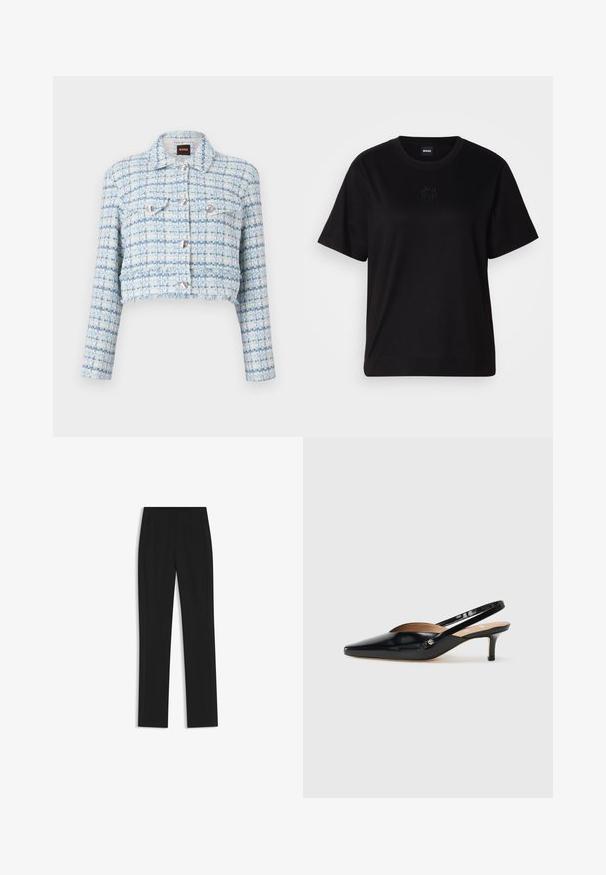 Gekürzte Jacke aus hellblauem Tweed mit weißen Fäden. Verfügt über silberne Knöpfe und zwei Brusttaschen. Texturiertes, strukturiertes Design.; Schwarzes Baumwoll-T-Shirt mit Rundhalsausschnitt, kurzen Ärmeln und aufgesticktem Logo auf der Brust. Einfacher, lässiger Schnitt ohne Muster.; Schwarze maßgeschneiderte Hose mit geradem Bein, ausgestattet mit Fronttaschen und einem glatten, strukturierten Stoff. Saubere, minimale Details.; Schwarze Lackleder Slingback-Pump mit spitzem Zehenbereich, kleinem Absatz und einem Ausschnittdesign auf dem Vorderteil. Hardware in Goldton als Akzent an der Seite.