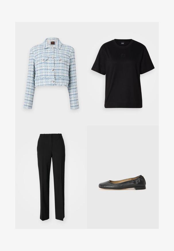 Croped jakke i lyseblå tweed med hvid trådning. Udstyret med sølvknapper og to brystlommer. Tekstureret, struktureret design.; Sort bomulds t-shirt med rund halsudskæring, korte ærmer og et broderet logo på brystet. Enkel, afslappet pasform uden mønstre.; Sorte skræddersyede bukser med lige ben-design, der har en glat tekstur og skarpe folder langs fronten. Ingen synlige hardware.; Sorte læder balletflade sko med en afrundet tå og minimal syning. Lav, rektangulær hæl og glat tekstur. Subtle detaljer i indersiden.