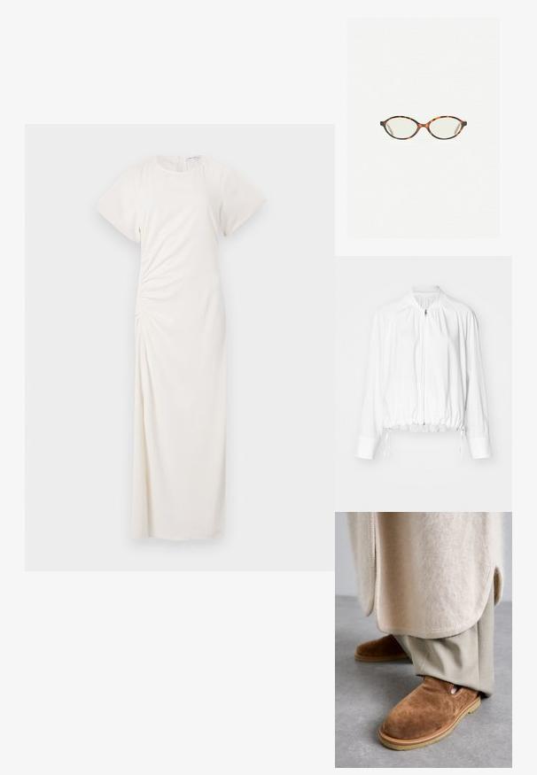 Witte, lichte bomberjack met een rits aan de voorkant, elastische zoom en manchetten. Beschikt over een geplooid ontwerp op de schouders en verstelbare touwtjes.; Witte jurk met korte mouwen, ronde halslijn en ruches aan de zijkanten; gladde stof met een vloerlange silhouet.; Bruine suède instap schoenen met een ronde neus, rubberen zool en uitsnijdingen aan de zijkant, gecombineerd met lichtbeige op maat gemaakte broeken.; Kattenoogbril met ovale lenzen en een strakke, gladde afwerking. Heeft dunne zijkanten met een subtiele kromming bij de slapen. Transparante lenzen.