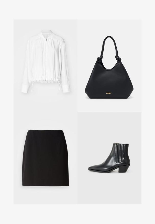 Bijela, lagana bomber jakna s prednjim zatvaračem, elastičnim rubom i manžetama. Ima nabran dizajn na ramenima i podesive vezice.; Crni satenski top s halter izrezom, s nabranoj tkaninom na dekolteu i glatkim, lepršavim dizajnom. Ravni rub bez vidljivih uzoraka ili akcenta.; Crna suknja s prilagođenim siluetom, izrađena od glatkog materijala. Ima suptilne prednje nabore i dizajn do sredine butina.; Crna kožna gležnjača s šiljastim prstom, elastičnim bočnim panelima s okomitim debljinama i niskim blok-petama. Glatka tekstura i elegantan dizajn.; Crna kožna torba koja ima teksturiranu završnu obradu, ručke s čvorovima i zlatni logotip na dnu. Ima opuštenu siluetu.