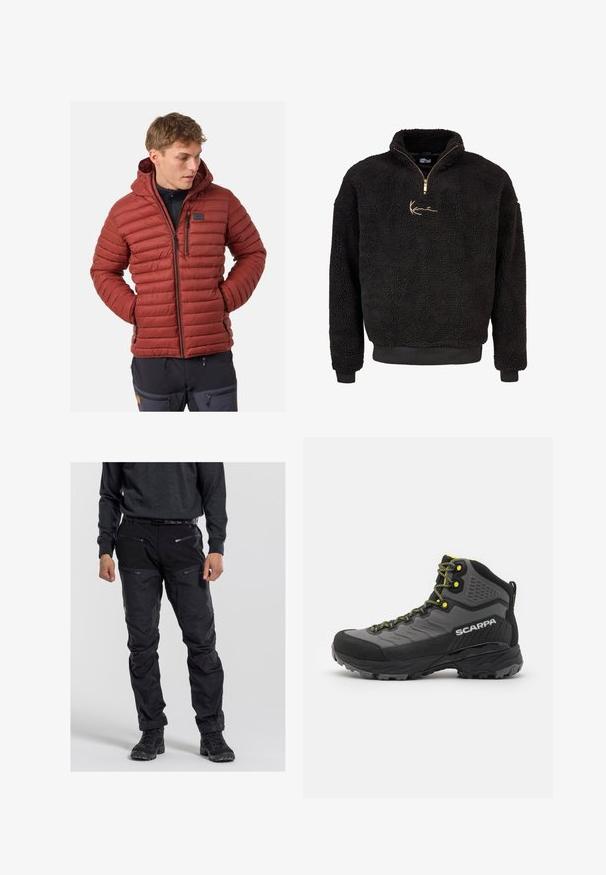 Puffer jacket in reddish-brown with horizontal quilting, hood, zippered pockets, and a small logo patch on the chest. Soft, insulated material.; Black fleece pullover with a half-zip front and high collar. Features a gold embroidered logo and ribbed cuffs and hem. Soft, textured finish.; Black outdoor pants made of durable fabric, featuring multiple zipped pockets, a textured surface, and reinforced knee areas. Worn with dark footwear.; Black and grey hiking boot with textured fabric, bright yellow accents, reinforced toe, and rubber outsole featuring deep treads for traction.