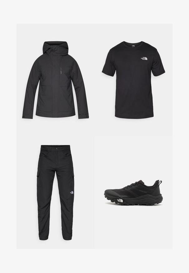 Black waterproof jacket with a hood, featuring two large front pockets, a zipper closure, and adjustable cuffs for a snug fit.; Black short-sleeve t-shirt made of cotton, featuring a round neckline and a small white logo on the upper left chest area.; The North Face HORIZON PANT - Outdoor trousers - black; Black trail running shoe with a textured upper, rubber sole, and reinforced toe cap. Features a padded collar and pull tab for easy wear.
