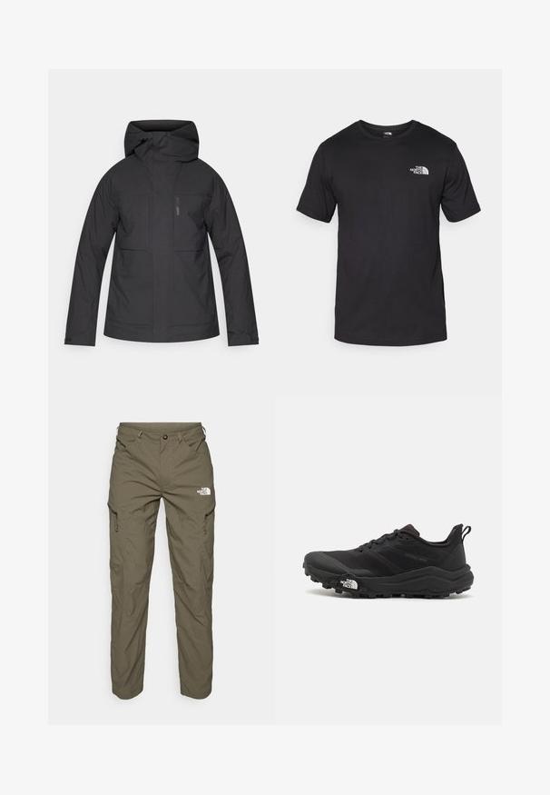 Černá nepromokavá bunda s kapucí, která má dvě velké přední kapsy, zapínání na zip a nastavitelnými manžetami pro pohodlné nošení.; Černé tričko s krátkým rukávem vyrobené z bavlny, s kulatým výstřihem a malým bílým logem na horní levé části hrudi.; Olivově zelené venkovní kalhoty vyrobené z lehké tkaniny, s cargo kapsami, zipovými akcenty a logem na horní části stehna.; Černé trailové běžecké boty s texturovaným svrškem, gumovou podrážkou a vyztuženou špičkou. Obsahují polstrovaný límec a poutko pro snadné obouvání.