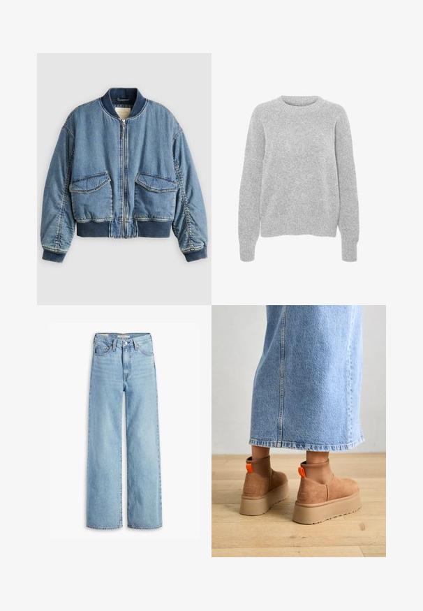 Vaaleansininen denimbomber-takki, jossa on resorimitatut hihansuut ja kaulus. Edessä kaksi läppätaskua ja vetoketjusuljenta. Pinnaltaan teksturoitu denimkangas.; Harmaa neulottu paita pitkillä hihoilla, pyöreällä kaula-aukolla, ribbireunuksilla ja helmalla, jossa on pehmeä tekstuuri ja rento istuvuus.; Korkeavyötäröiset, vaaleansiniset levenevät farkut, joissa on etupainike ja vetoketju, vyölenkit ja viisi taskua.; Ruske mokasine z platformo in elastiko na straneh ter oranžnimi zategovalnimi trakovi, v kombinaciji z osnovno dolžino svetle denim krila na lesenem podu.