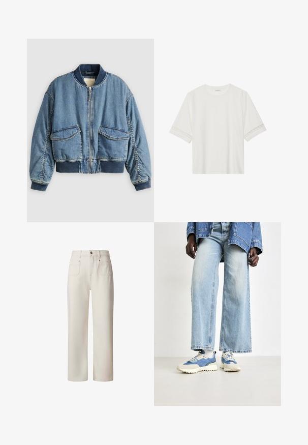 Hellblaue Denim-Bomberjacke mit gerippten Bündchen und Kragen. Verfügt über zwei aufgesetzte Fronttaschen und einen Reißverschluss. Strukturierter Denim-Stoff.; Weißes T-Shirt mit kurzen Ärmeln aus Baumwolle, mit dekorativem Spitzenbesatz entlang der Ärmel und einem runden Ausschnitt.; Pepe Jeans STRAIGHT UHW LEXA - Jeans Straight Leg - white; Blaue Denim-Hose mit weitem Bein, kombiniert mit blauen und cremefarbenen Sneakers aus strukturiertem Stoff und mit Schnürsenkeln, vor einem neutralen Hintergrund.