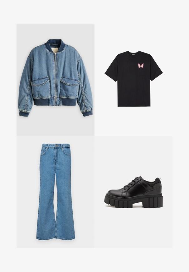 Chaqueta bomber de mezclilla en azul claro con puños y cuello acanalados. Cuenta con dos bolsillos delanteros de parche y cierre con cremallera. Tela de mezclilla texturizada.; Camiseta de algodón negra de manga corta, con un pequeño gráfico de mariposa rosa en el lado izquierdo del pecho. Diseño de cuello redondo con un corte relajado.; Jeans acampanados de color azul claro hechos de denim, con una cintura alta, cinco bolsillos y un cierre de botón. Textura suave con acabado desgastado.; Zapatos de plataforma de cuero negro con un tacón cuadrado grueso, punta redonda y diseño tradicional de cordones. Presenta una textura suave y un detalle minimalista.