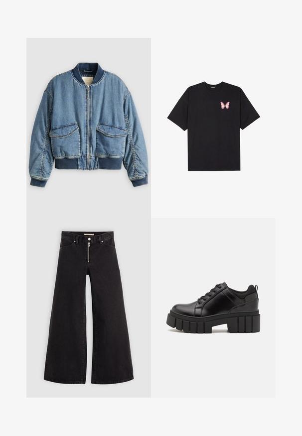 Chaqueta bomber de mezclilla en azul claro con puños y cuello acanalados. Cuenta con dos bolsillos delanteros de parche y cierre con cremallera. Tela de mezclilla texturizada.; Camiseta de algodón negra de manga corta, con un pequeño gráfico de mariposa rosa en el lado izquierdo del pecho. Diseño de cuello redondo con un corte relajado.; Jeans de pierna ancha en denim negro con cierre frontal, diseño de cinco bolsillos y detalles de costura sutiles. Textura suave y estilo casual.; Zapatos de plataforma de cuero negro con un tacón cuadrado grueso, punta redonda y diseño tradicional de cordones. Presenta una textura suave y un detalle minimalista.
