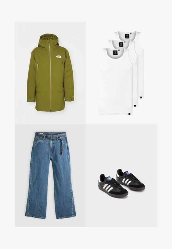 The North Face RANGE PARKA - Páperový kabát - forest olive; Tri biele rebrované tielka vyrobené z bavlny. Majú okrúhly výstrih a malé čierne štítky pri leme. Dostupné v rôznych veľkostiach.; Modré džíny širokého strihu s pripevneným opaskom, prednými vreckami a viditeľným stehom na jednoduchom svetlom pozadí.; Čierne tenisky so zvrškom z semišu a syntetického materiálu, s tromi bielymi pruhmi, štruktúrovanou gumovou podrážkou a modrou logovou etiketou na jazyku.