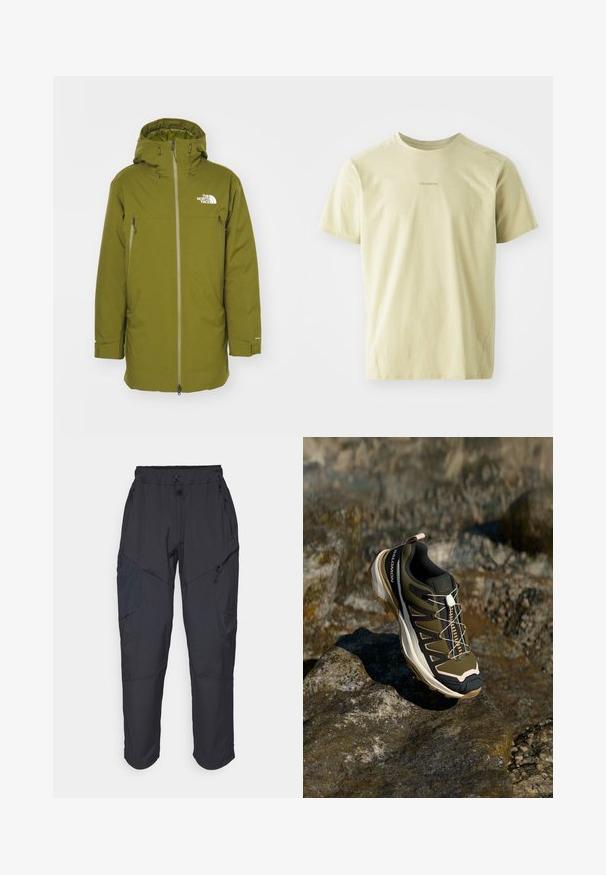 The North Face RANGE PARKA - Dunfrakker - forest olive; Salomon TRACKLINE TEE - Sports T-shirts - gray green; Sorte cargo bukser lavet af et let, vandafvisende materiale; har elastisk talje, flere lynlåslommer og tætsiddende ben.; Vandrestøvle i olivengrøn og sort med pink accenter. Har en tekstureret overdel, fleksibel sål, forstærket tåhætte og farverigt snøresystem.
