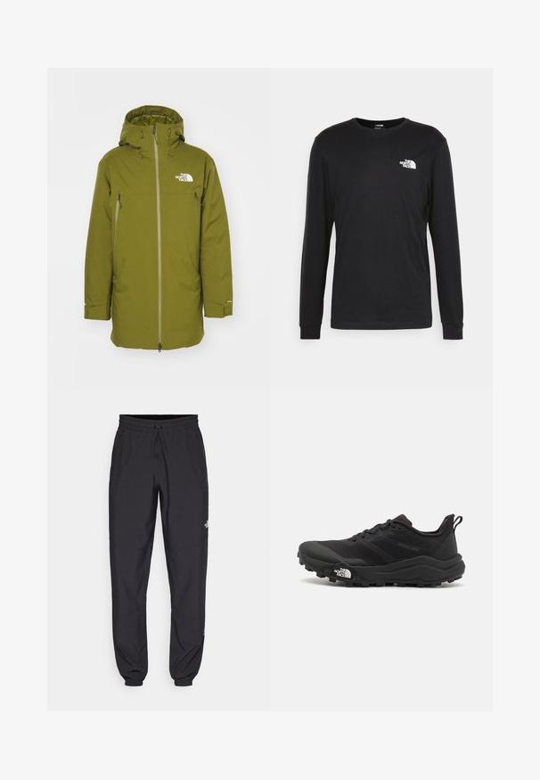 The North Face RANGE PARKA - Dunfrakker - forest olive; Sort langærmet t-shirt lavet af bomuld, med et hvidt logo på venstre bryst og ribbede manchetter. Glat tekstur med rund halsudskæring.; Sorte atletiske bukser lavet af letvægtsstof, med en snor i taljen, sidelommer og tapered manchetter ved anklerne.; Sort trail løbesko med en struktureret overdel, gummisål og forstærket tåhætte. Har en polstret krave og en pull-tab til nem påtagning.