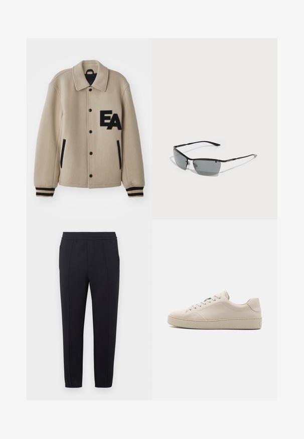 Béžová vlněná bunda se směsí s texturovaným povrchem, černými akcenty, druky, bočními kapsami a vyšitým logem "EA" na hrudi.; Černý pletený svetr se vzory copu a vaflí, kulatým výstřihem, dlouhými rukávy a žebrovanými manžetami a lemem.; Černé teplákové kalhoty s elastickým pasem, zúženými nohavicemi, bočními kapsami a hladkou texturou látky. Má prošité detaily podél švů.; Béžové kožené tenisky s hladkým povrchem, zaoblenou špičkou, plochou podrážkou a klasickým šněrovacím designem. Jemné prošívání a texturovaná podrážka.; Sluneční brýle s elegantním černým kovovým rámem, tmavě šedými čočkami a tenkými nohami. Obsahují nastavitelná nosní polštářky a jemné značení na boku.