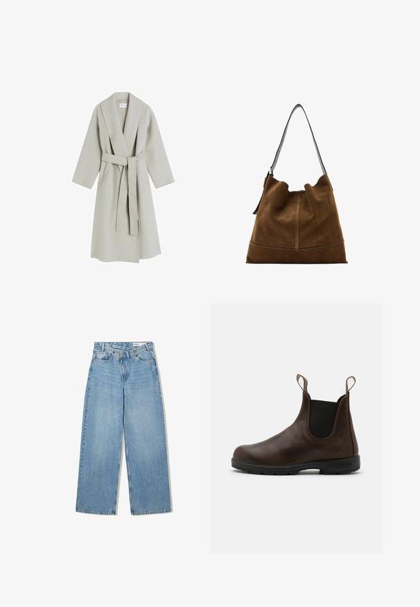 Lys grå, lang uldfrakke med sjalskrave, brede ærmer og et matchende bælte i samme stof. Har et minimalistisk design uden synlige mønstre.; Marineblå turtleneck sweater med ribbet tekstur, brede ærmer og en afslappet pasform. Blødt materiale og minimalistisk design.; Hvid skjorte med knapper lavet af bomuld, med en brystlomme og lille broderet logo. Løs pasform med klassisk krave og lange ærmer.; Lyseblå vide denimjeans med høj talje, fem lommer, knaplukning og diskret falmning for tekstur.; Brune læder ankelstøvle med elastiske sidepaneler, pull-tabs og struktureret gummisål. Har et elegant, afrundet tådesign.; Brun suedette bucket taske med en sort læderrem, der har en blød silhuet og syninger i bunden.