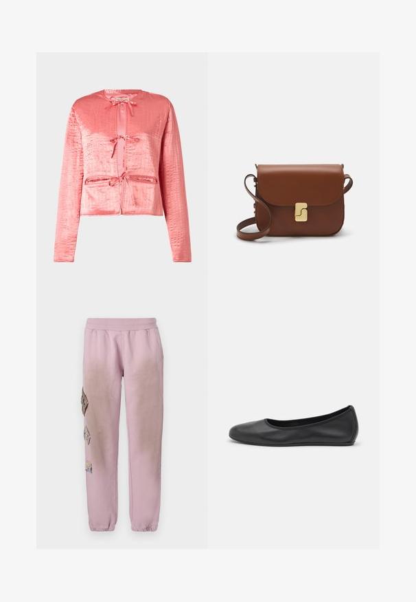 Pink satin jacket with textured surface, long sleeves, a round neckline, and front ties. Features two front pockets.; White short-sleeve t-shirt made of ribbed fabric. Round neckline, regular fit, and subtle stitching details. No patterns or graphics.; Pink sweatpants with an elastic waistband, featuring decorative patches in diamond shapes on the left side and elastic cuffs at the ankles.; Black leather ballet flat with a rounded toe, smooth texture, minimal stitching detail, and a flexible sole design.; Brown leather handbag with a flap closure, gold-tone hardware, a shoulder strap, and a smooth texture. Compact rectangular shape.